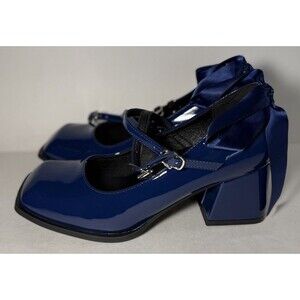 SHEIN Thick Heel Mary Jane Pumps Square Toe High Heels With Bow Navy EU37 W8 NEW